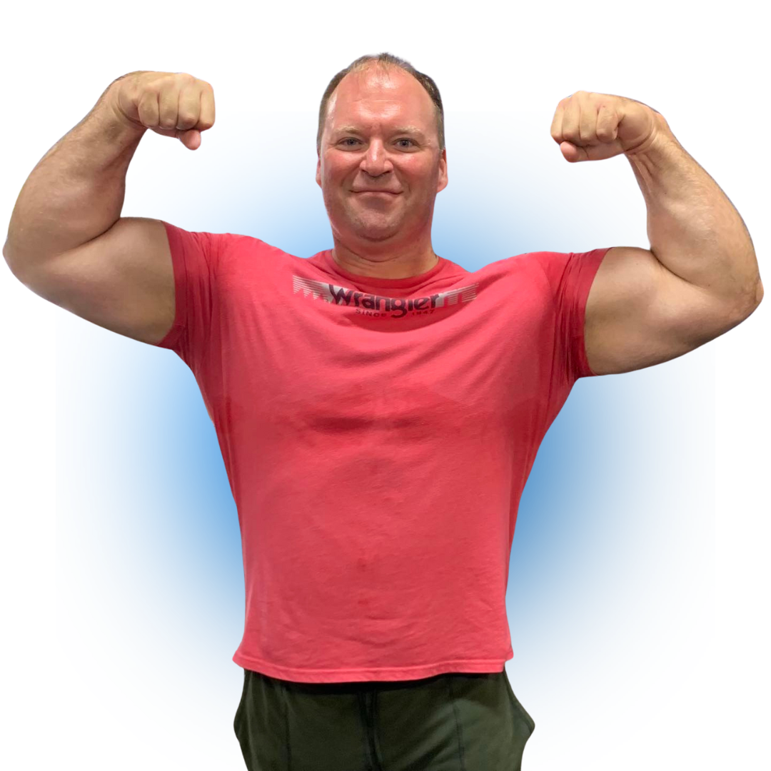 Tim is showing off his big muscles.